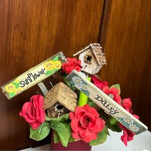Home interior vintage wooden Flower Garden Stakes and birdhouse